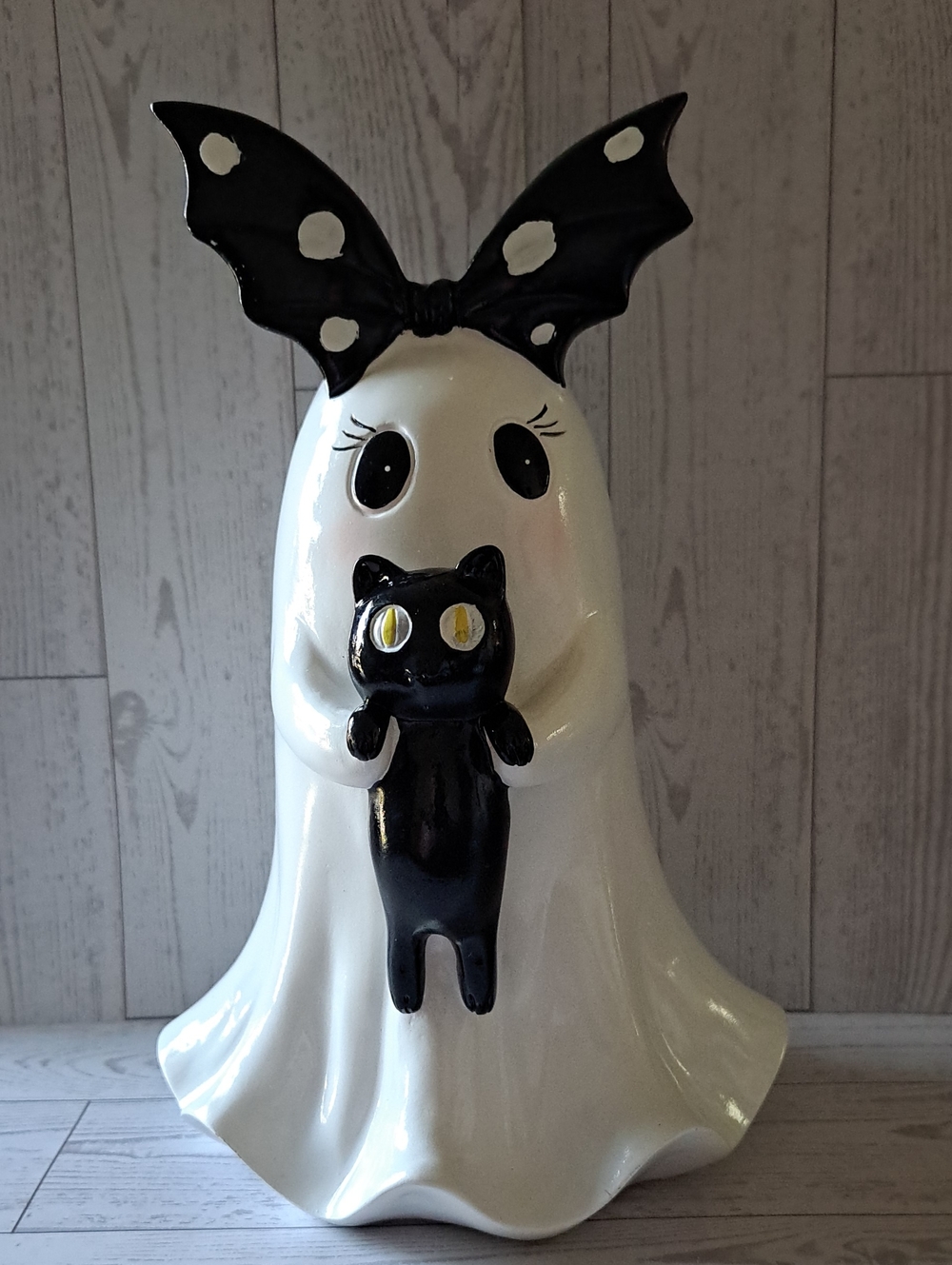 White Ghost Figurine with Black Cat Accent Halloween Decor Collectible 10" High